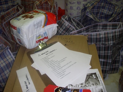 Donated items and wish list documents in box — A Wish List For A Shelter