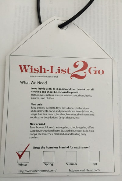 Wish-List 2 Go tag card listing shelter donation needs — Henry Street Settlement